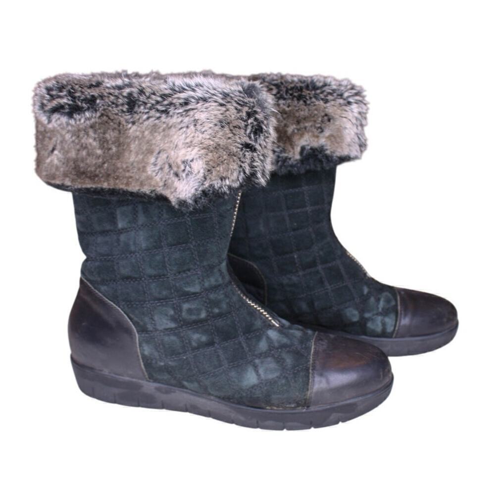 Aquatalia Wanda Winter Boot Quilted Black Suede Gray Faux Fur Zip 7.5